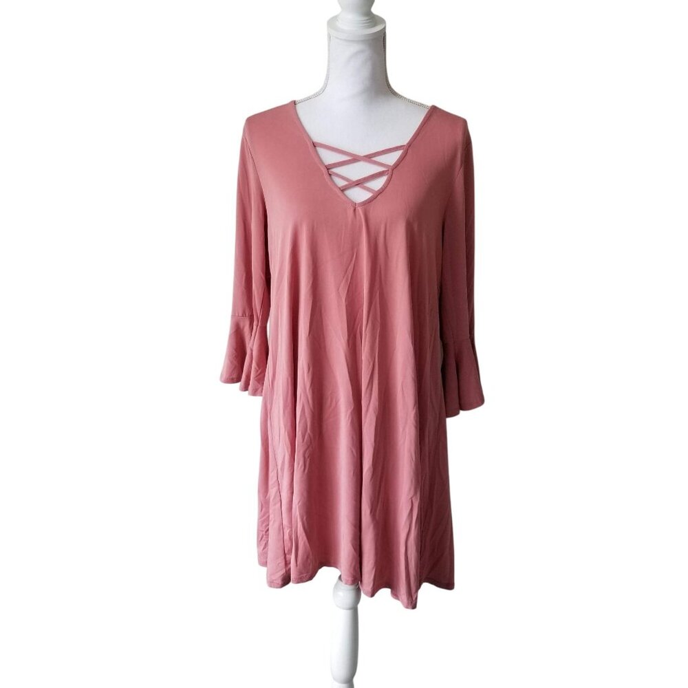 Alfa Womens Pink Tunic Dress W/ Criss-Cross Neckline & 3/4 Bell Sleeves Size L